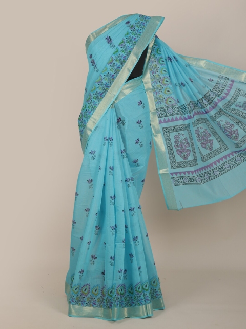 

Pothys Blue & Green Ethnic Motifs Zari Cotton Blend Saree