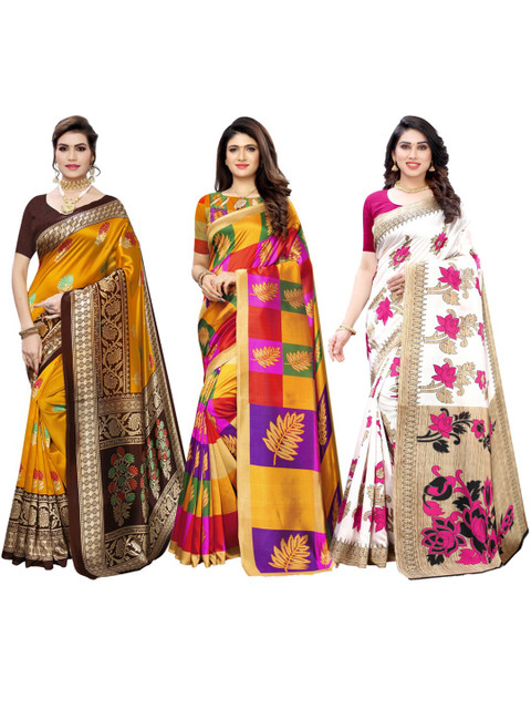 

KALINI Pack Of 3 Floral Zari Sarees, Yellow
