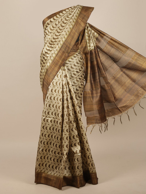

Pothys Cream & Brown Jute Silk Saree