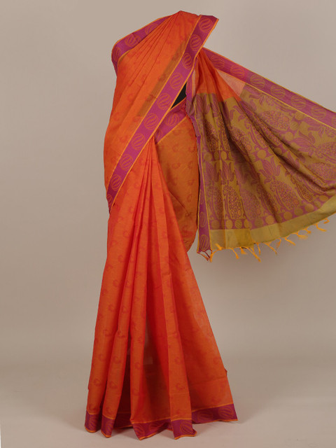 

Pothys Orange & Olive Green Floral Pure Cotton Saree