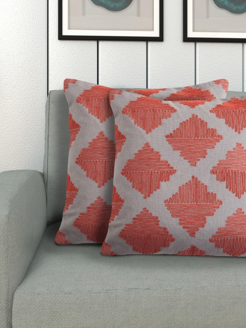 

Home Centre Set Of 2 Grey & Red Embroidered Square Cushion Covers