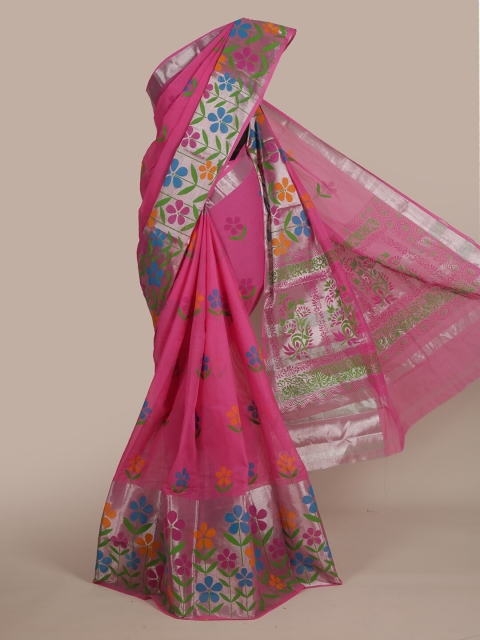 Pothys Pink & Blue Floral Pure Cotton Saree