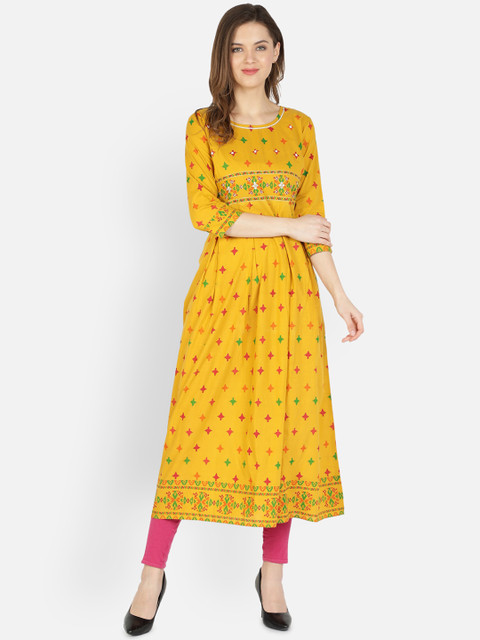 

Dipsha Women Mustard Floral Printed Flared Sleeves Thread Work Anarkali Kurta