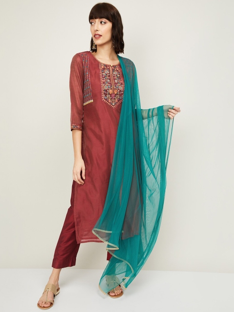 

Melange by Lifestyle Women Maroon Embroidered Kurta with Trousers & With Dupatta