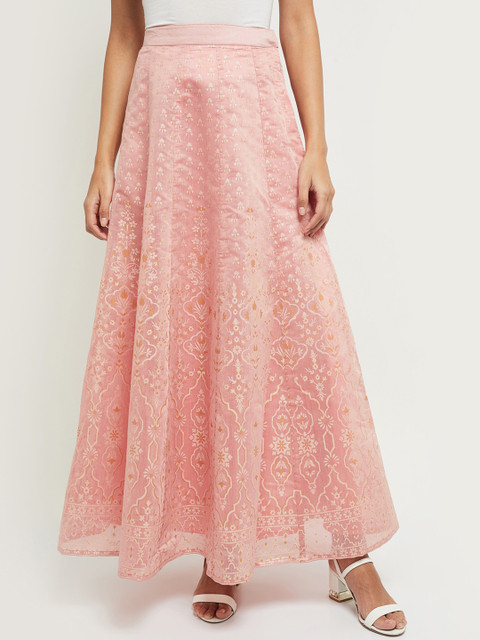 

max Women Peach-Coloured & Gold-Coloured Printed Flared Maxi Georgette Skirt