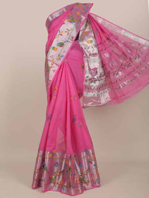 

Pothys Pink & Silver-Toned Floral Pure Cotton Saree