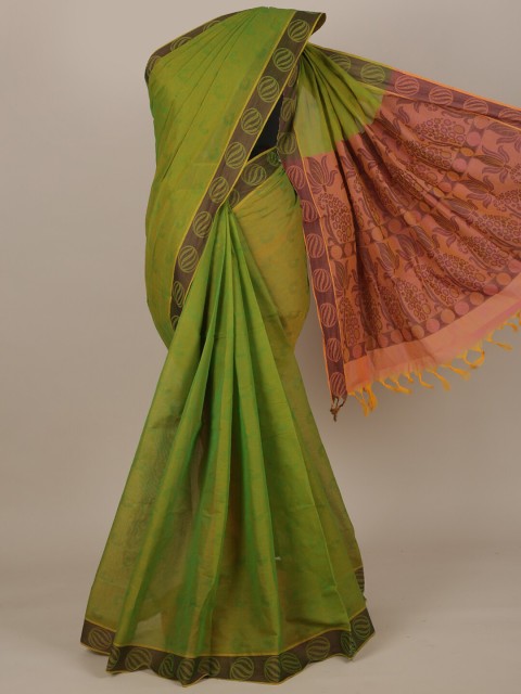 

Pothys Green & Brown Floral Pure Cotton Chettinad Saree