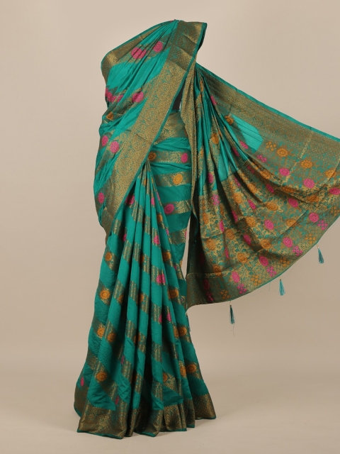 

Pothys Green & Orange Floral Zari Jute Silk Saree