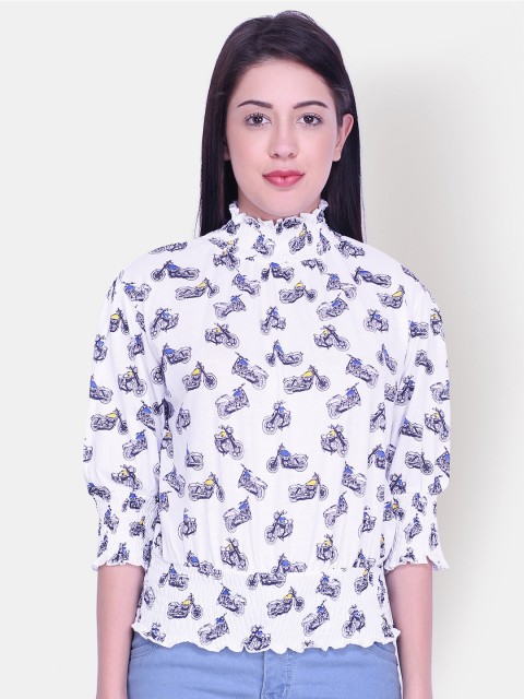 

Yaadleen White & Blue Printed High Collar Blouson Top