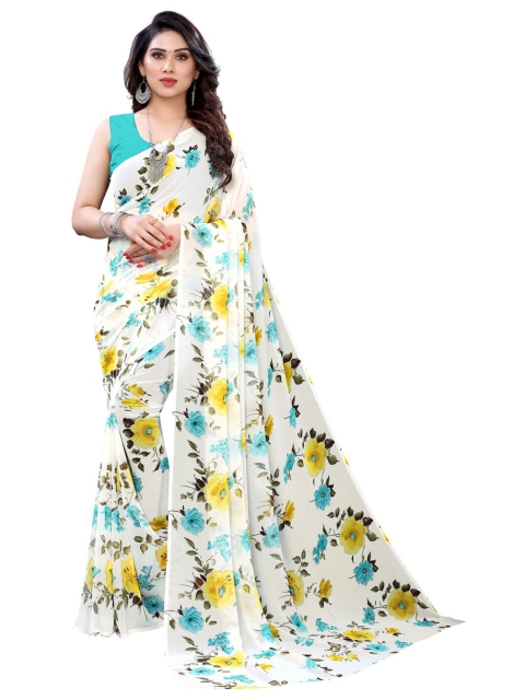 

KALINI Off White & Yellow Floral Pure Georgette Saree