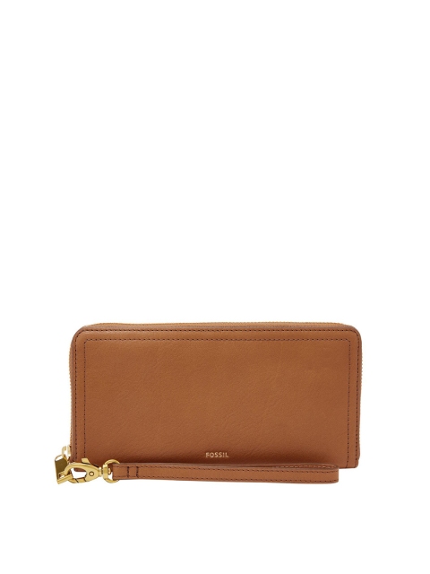 

Fossil Women Tan Brown Textured Leather Logan Zip Around Wallet with Wrist Loop