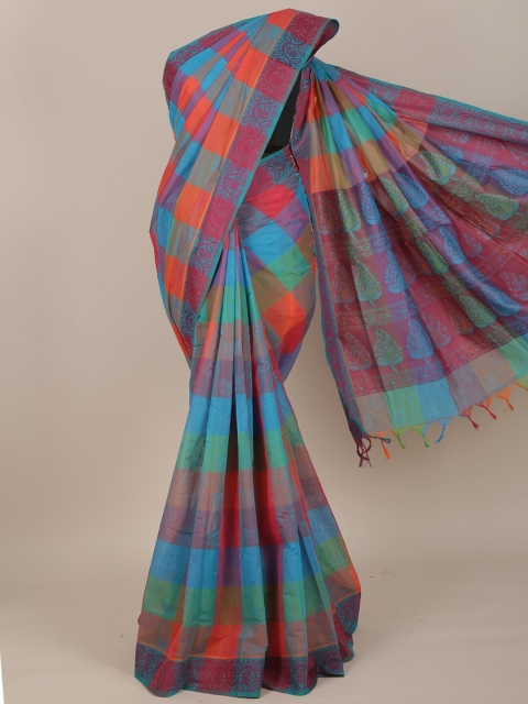 

Pothys Blue & Orange Checked Pure Cotton Saree