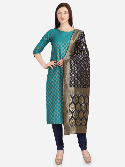 

Kvsfab Teal & Gold-Toned Unstitched Dress Material