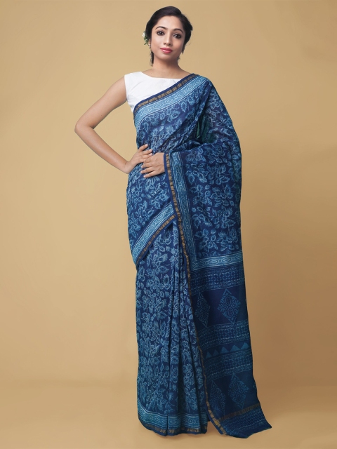 

Unnati Silks Blue & Gold-Toned Dabu Zari Silk Cotton Chanderi Handloom Saree