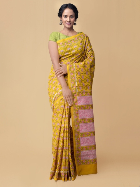

Unnati Silks Yellow & Pink Ethnic Motifs Pure Cotton Chanderi Saree