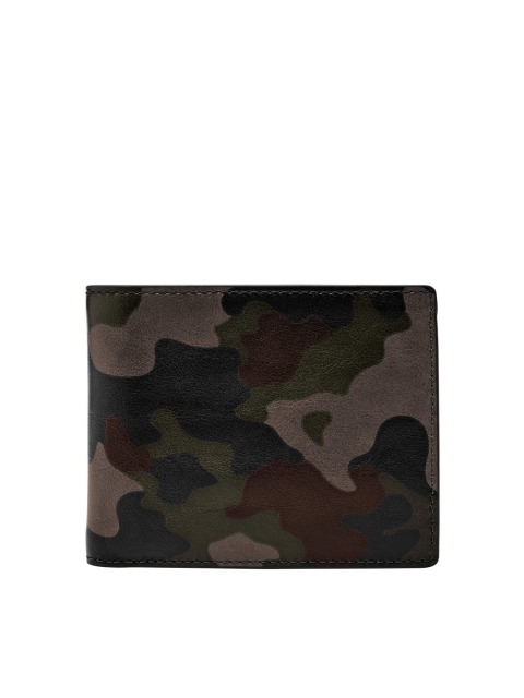 

Fossil Men Black & Olive Green Camouflage Printed Leather Two Fold Wallet