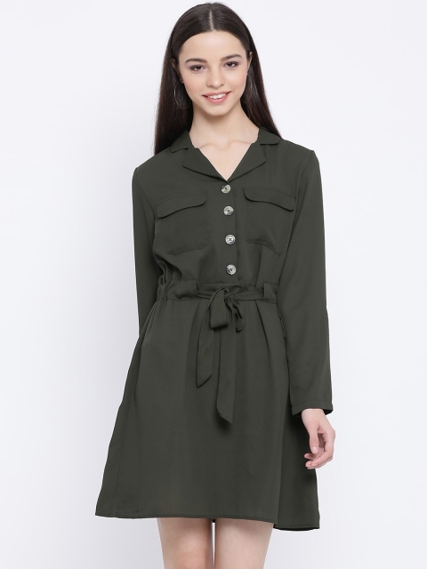 

Oxolloxo Green Solid Satin Shirt Dress