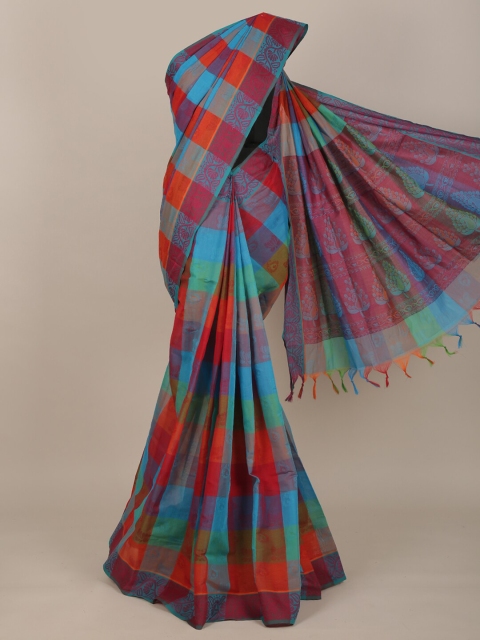 

Pothys Blue & Red Checked Pure Cotton Saree