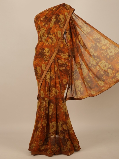 

Pothys Brown & Orange Floral Poly Chiffon Saree