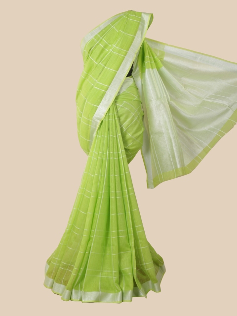 

Pothys Green & Silver-Toned Checked Zari Linen Blend Saree