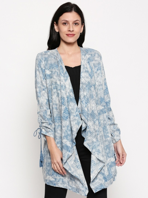 

People Women Blue & White Printed Longline Bohemian Waterfall Shrug