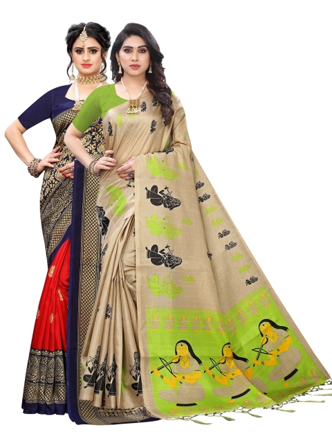

KALINI Green & Blue Pack of 2 Ethnic Motifs Zari Art Silk Saree