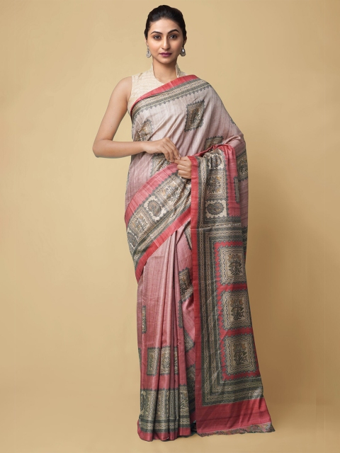 

Unnati Silks Red & Green Ethnic Motifs Pure Crepe Bhagalpuri Saree