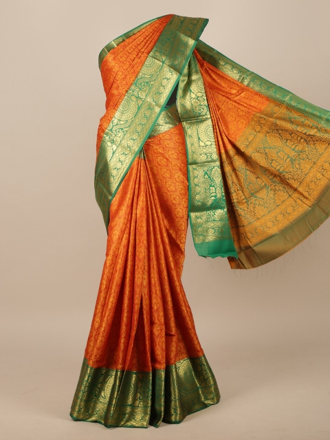 

Pothys Rust Orange & Green Floral Zari Jute Silk Saree
