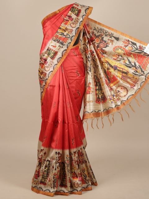 

Pothys Red Ethnic Motifs Jute Silk Saree