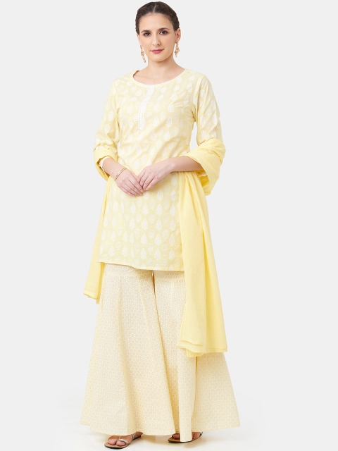 

IMARA Women Yellow & White Ethnic Motifs Printed Chikankari Kurta