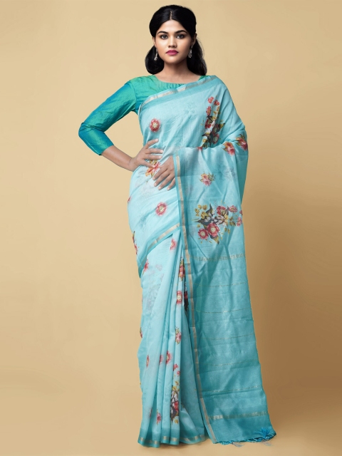 

Unnati Silks Blue & Red Floral Zari Silk Cotton Chanderi Saree