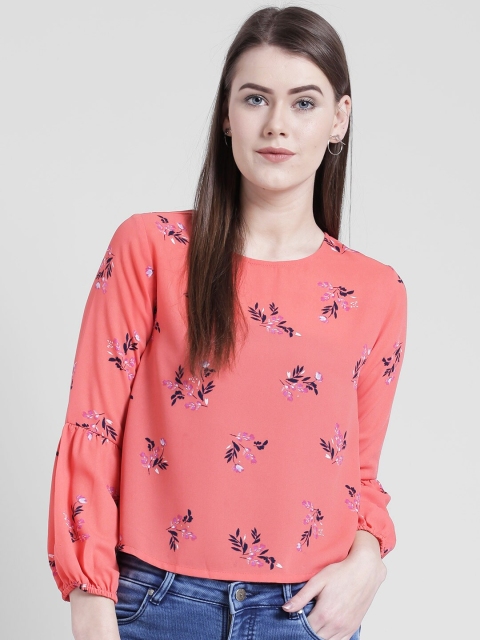 

Yaadleen Women Coral & Blue Floral Crepe Regular Top