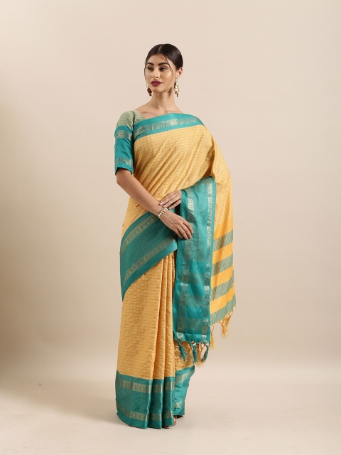 

Kvsfab Beige & Turquoise Blue Checked Zari Silk Cotton Kota Saree