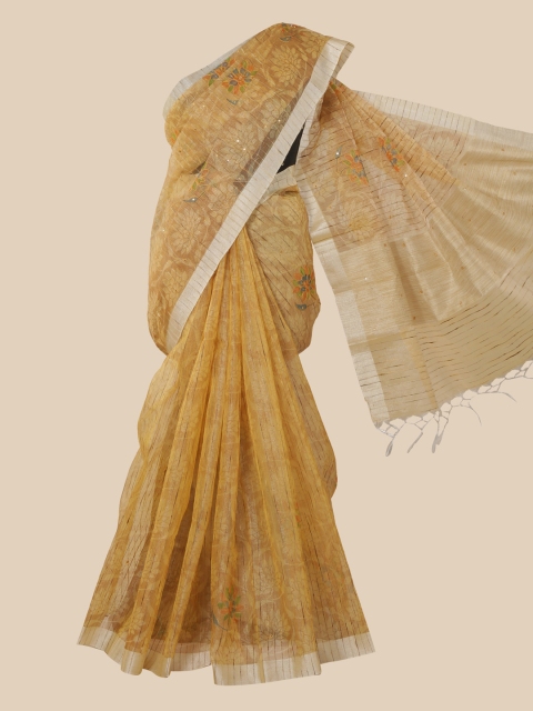 

Pothys Gold-Coloured Floral Tissue Saree