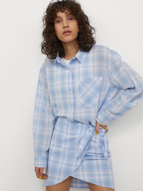 

H&M Women Blue Checked Short Tie-Detail Skirt