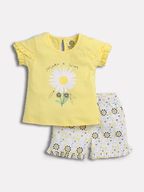 

TAMBOURINE Girls Yellow & White Printed Cotton Top with Shorts