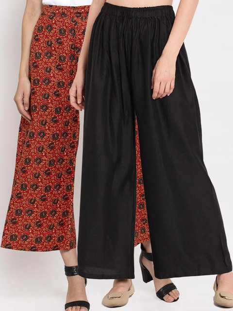 

TAG 7 Women Black & Maroon Set of 2 Flared Palazzos