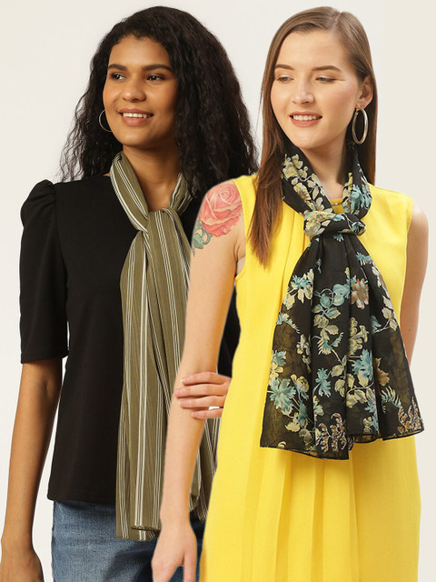 

Trend Arrest Women Black & Olive Green Set of 2 Printed Scarf