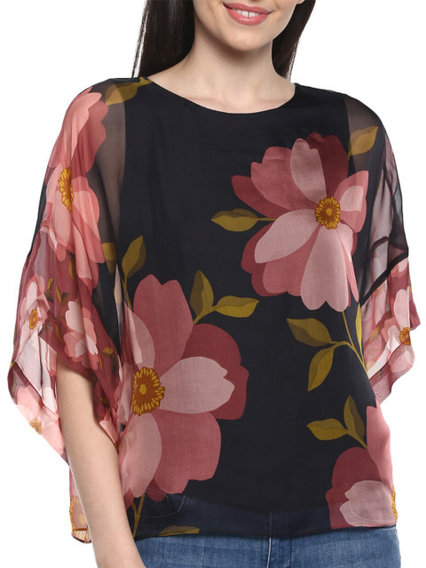 

Phase Eight Navy Blue Floral Extended Sleeves Pure Silk Kaftan Top