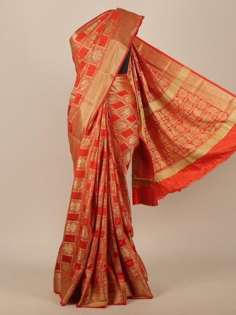 

Pothys Orange & Gold-Toned Floral Jute Silk Saree