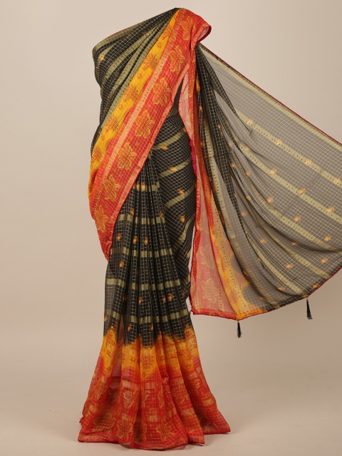 Pothys Black & Orange Checked Saree