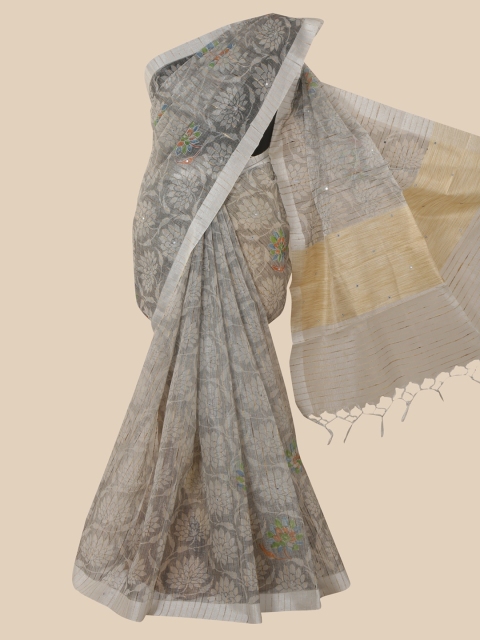 

Pothys Grey & Orange Floral Mirror Work Tissue Saree