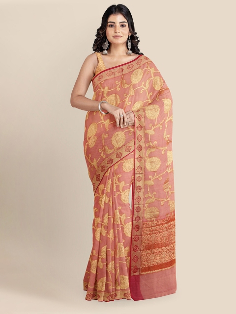 

KLM Fashion Mall Pink & Gold-Toned Floral Silk Cotton Banarasi Saree