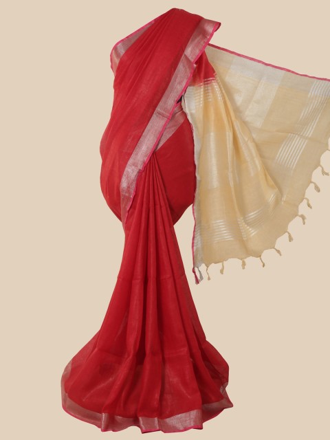 

Pothys Red & Silver-Toned Linen Blend Saree