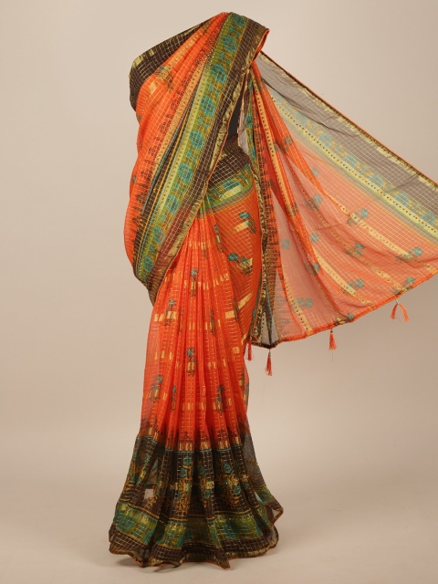 

Pothys Orange & Green Checked Saree