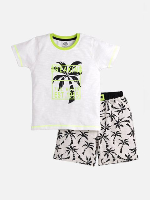 

TAMBOURINE Boys White & Grey Melange Printed T-shirt with Shorts