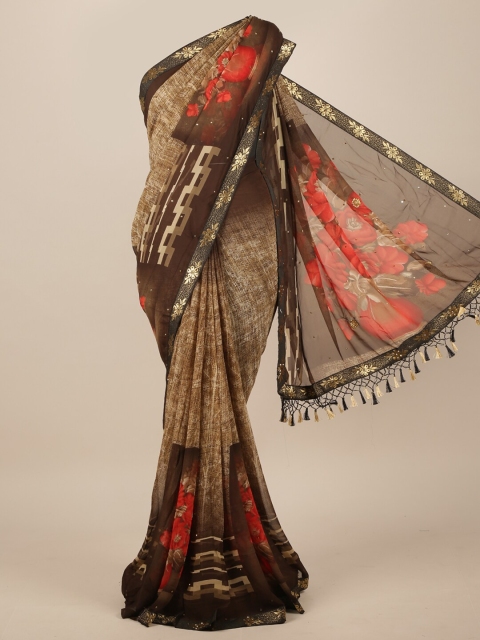 

Pothys Brown & Beige Floral Poly Chiffon Saree