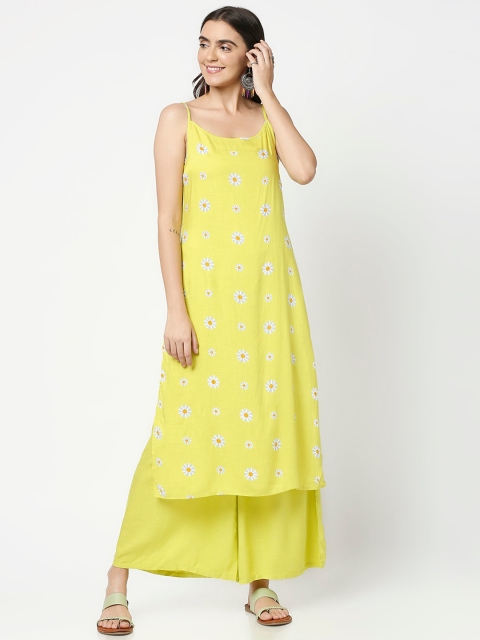 

Bewakoof Women Green Ethnic Motifs Embroidered Angrakha Pure Cotton Kurta with Palazzos