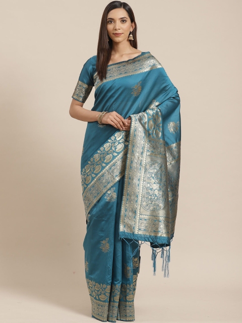 

Saree mall Teal & Silver-Toned Floral Silk Blend Heavy Work Banarasi Sarees