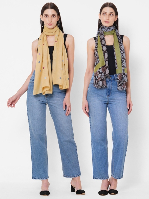 

Get Wrapped Women Pack Of 2 Beige & Olive Green Printed Scarves
